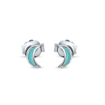 Tiny Crescent Moon New Design Simulated Turquoise Stud Earrings 925 Sterling Silver